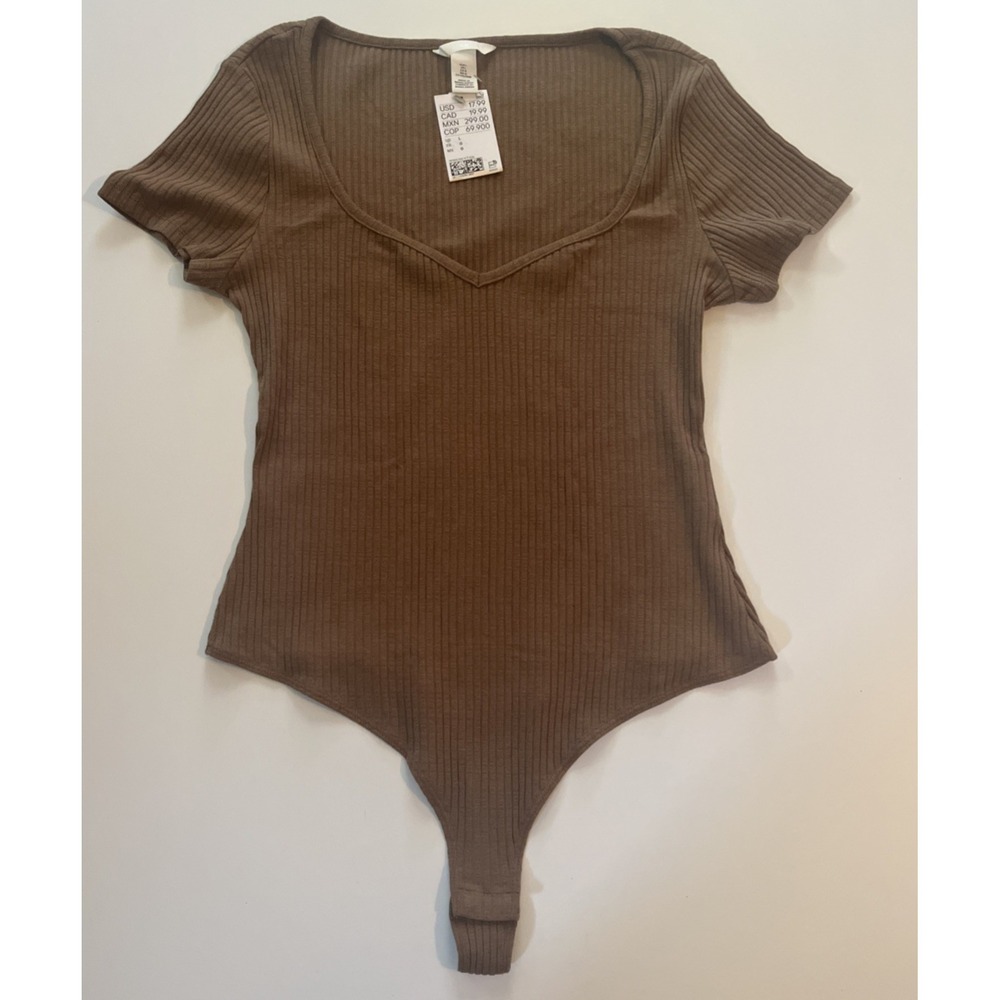 NWT H&M Women's Size L Camel Brown Bodysuit V-Neck Cap Sleeve Ribbed